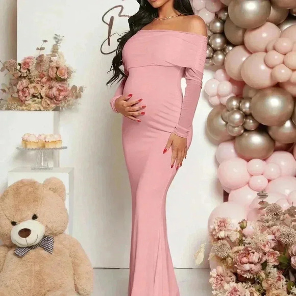 Pink Elegant Women's Maternity Off Shoulder Foldover Dress - Picture 7 of 7